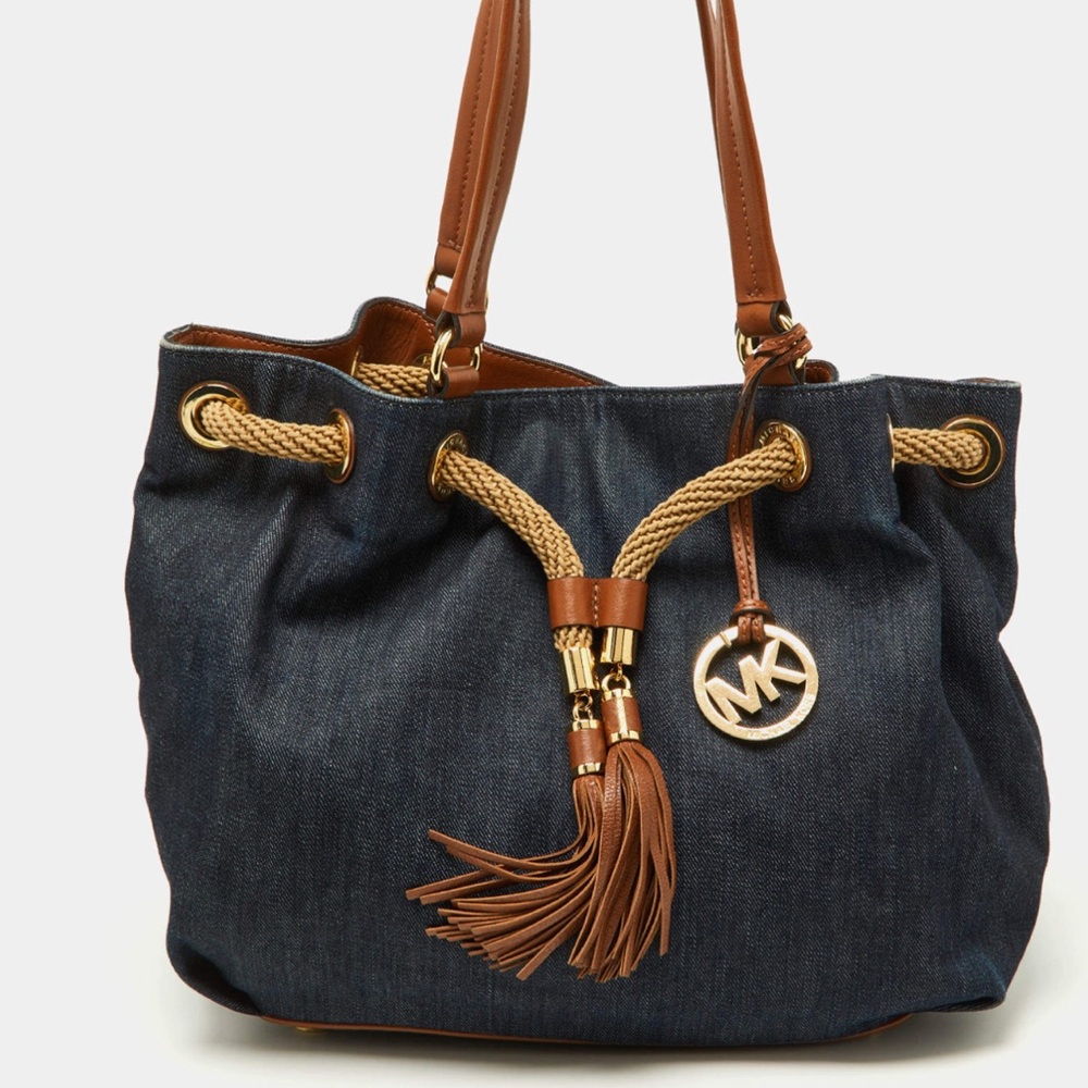 Michael Kors Blue and Brown Shoulder Bag with Leather Accents